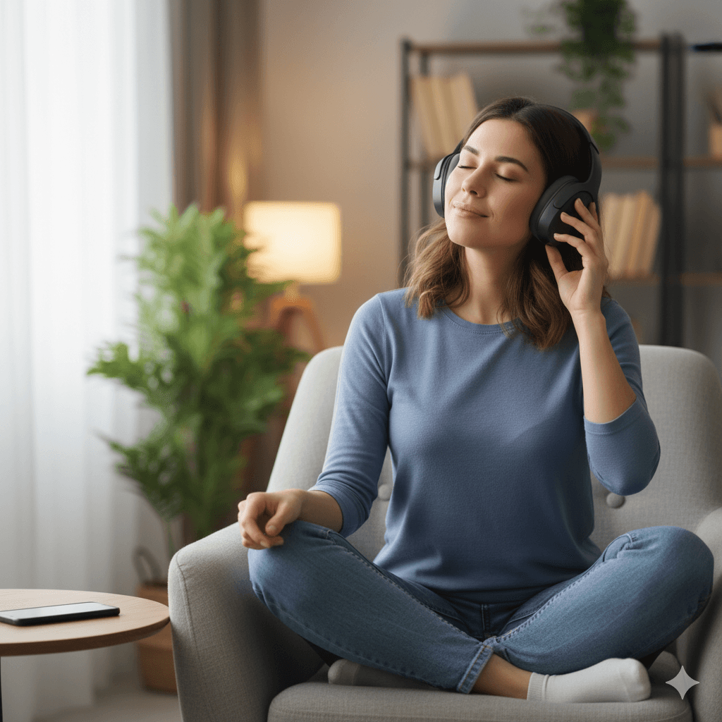 Calm person listening to sound therapy